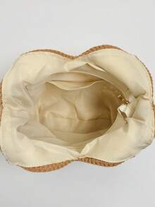 女士编织向日葵图案手提包，大容量柔软肩背手提包，时尚优雅，适合度假 - 卡其色 - 查看 6