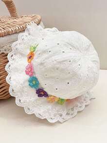 1pc Baby White Hollow Out Hat With Colorful Floral Embroidery, Suitable For Daily Wear And Photo Shooting - 1PC - View 9