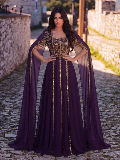 Faeriesty This Women's Chiffon Square-Neck Formal Dress Features A Shawl-Style Cover-Up, Intricate Embroidery And Sequin Embellishments, A Fitted Bodice, And A Floor-Length Skirt With Ruffle Trim. It Is An Ideal Choice For Weddings, Formal Galas, Red Carpet Events, And High-End Formal Dinners.