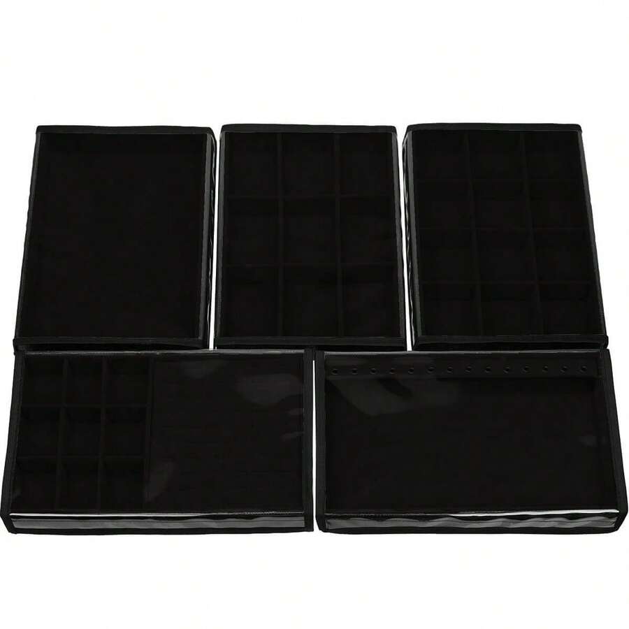 5 Large Jewelry Trays In Velvet Faux Leather (33x22cm) With Cover - 黑色 - 查看 1