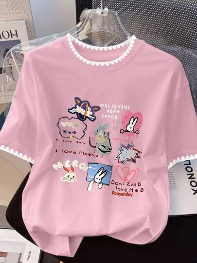 Áo thun thời trang nữ cỡ lớn, mềm mại và thoáng khí, phù hợp cho mùa hè và mùa xuân, mặc thường ngày, đi nghỉ mát, mặc hàng ngày - Áo thun in họa tiết thường ngày màu hồng dành cho nữ cỡ lớn