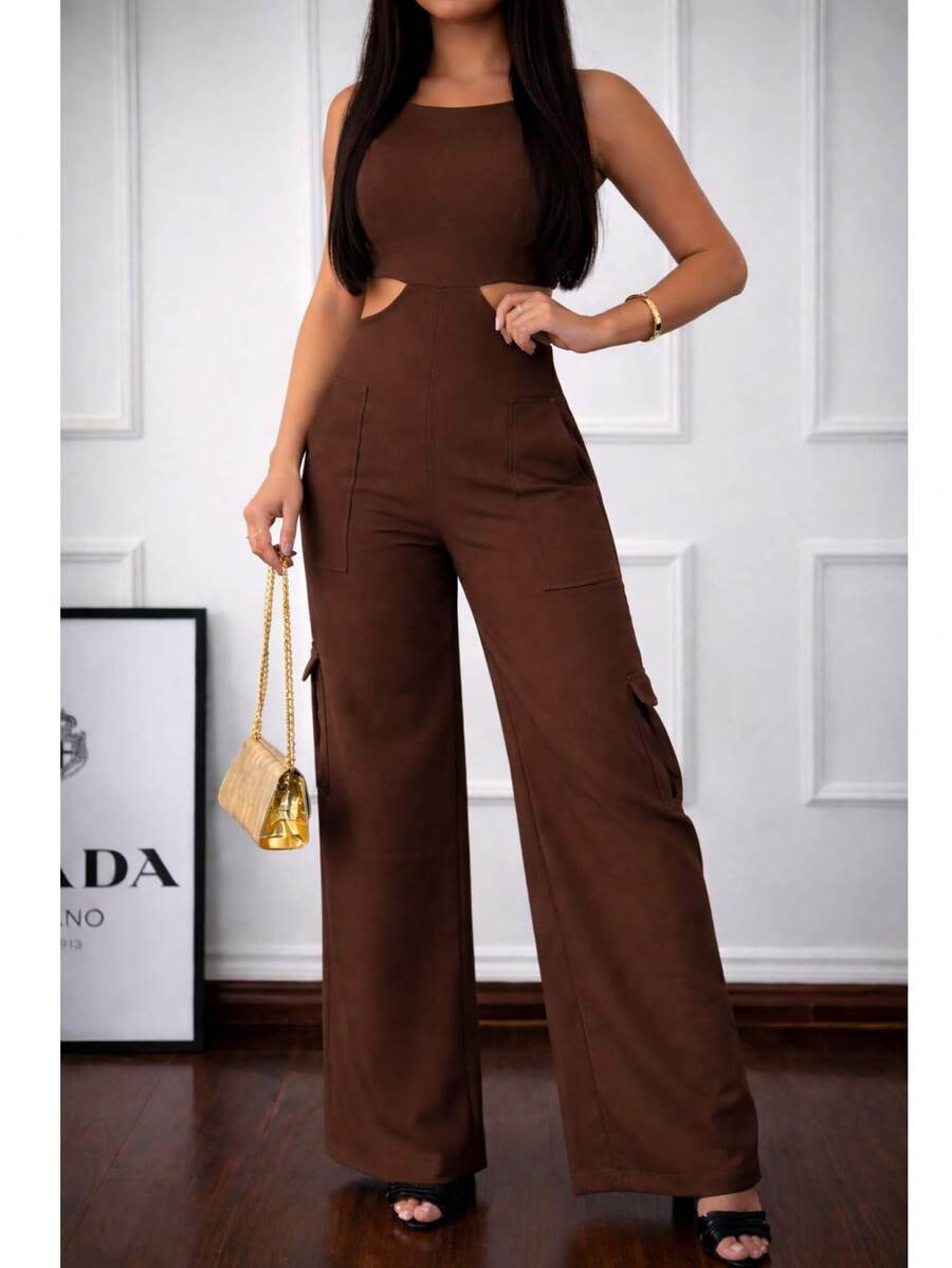 Premium Tailored Cargo Jumpsuit With Straps - Rust Brown - View 1