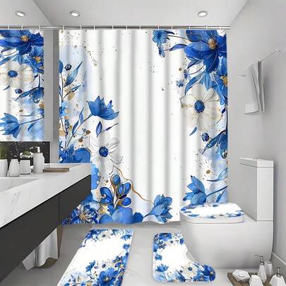 1/4件蓝色花卉图案浴帘套装，12个挂钩浴帘，防滑垫，U型马桶垫，浴室全套用品，房间装饰，家居装饰，浴室装饰及配件，节日礼物