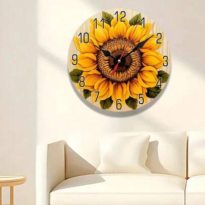 1个10英寸/12英寸静音木质向日葵挂钟 - 数字显示，圆形，无滴答声，适合卧室和客厅装饰 - 使用AA电池供电（不含电池） - 家居装饰爱好者的理想之选 - 完美的乔迁礼物
