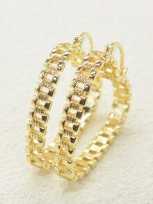1pair 14K Golden Plated Hoop Earring For Women,Women's Heart Earring Watch Chain Hoops Earrings Hypoallergenic Hoop Earrings For Women - Gold - View 5