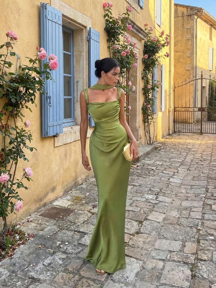 Vestido de satén elegante y glamuroso con tirantes de cinta de unicolor, vestido largo encantador para fiestas/citas/vacaciones para mujeres - Verde - Ver 1