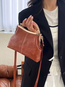 Tas Selempang Kulit PU untuk Wanita, Tas Tangan dengan Gesper Bergaya Vintage, Tali Bahu yang Dapat Diatur, Tas Bahu Tunggal Ringan Warna Polos dengan Lapisan Poliester - Coklat - View 5