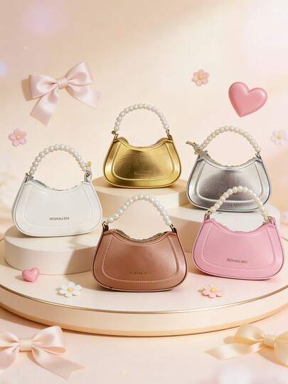 这款时尚甜美的迷你珍珠新月形手提包设计独特，适合各种场合，用途广泛。它功能多样，适合户外活动、玩耍、通勤等，是送给青少年的完美礼物。