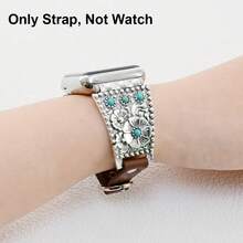 1条复古绿松石色皮革金属表带，兼容 Ultra 2 SE 10 9 8 7 6 5 4 3 2 1；银色花卉手镯式表带，兼容 38mm 40mm 41mm 42mm 44mm 45mm 46mm 49mm - 綠松石色款式1 - 查看 1