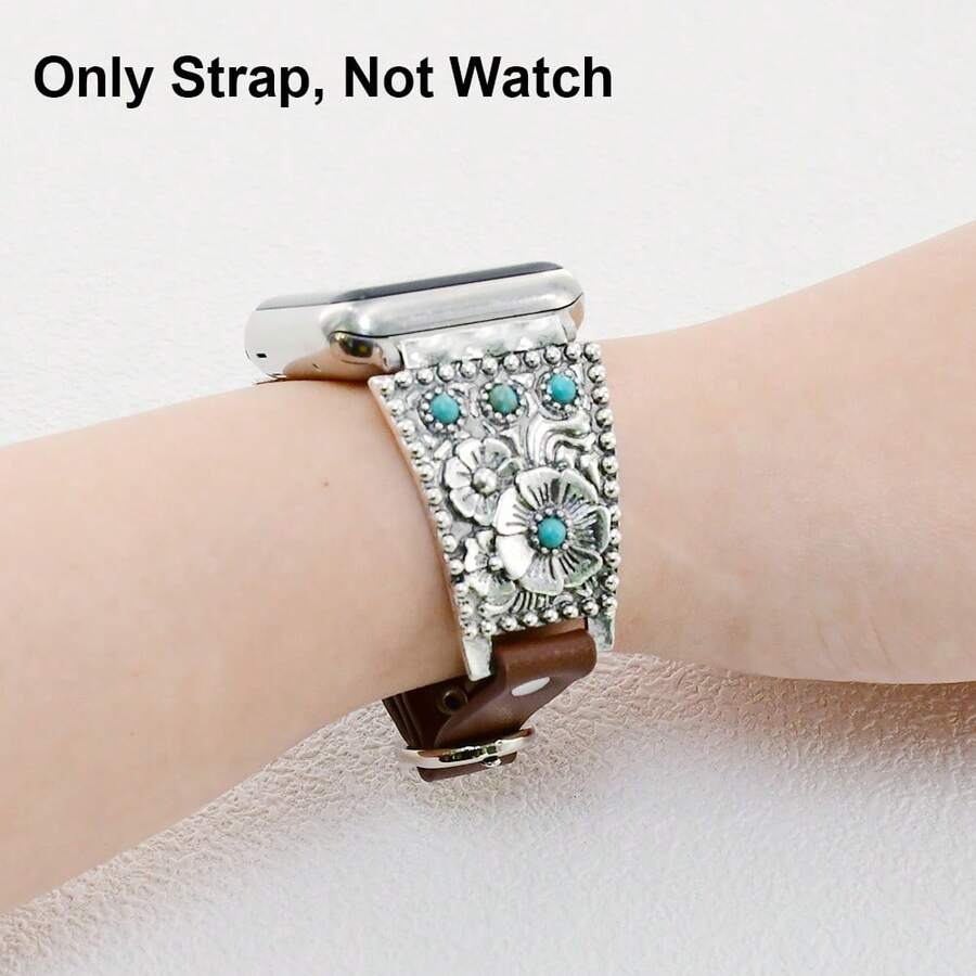 1条复古绿松石色皮革金属表带，兼容 Ultra 2 SE 10 9 8 7 6 5 4 3 2 1；银色花卉手镯式表带，兼容 38mm 40mm 41mm 42mm 44mm 45mm 46mm 49mm - 綠松石色款式1 - 查看 1