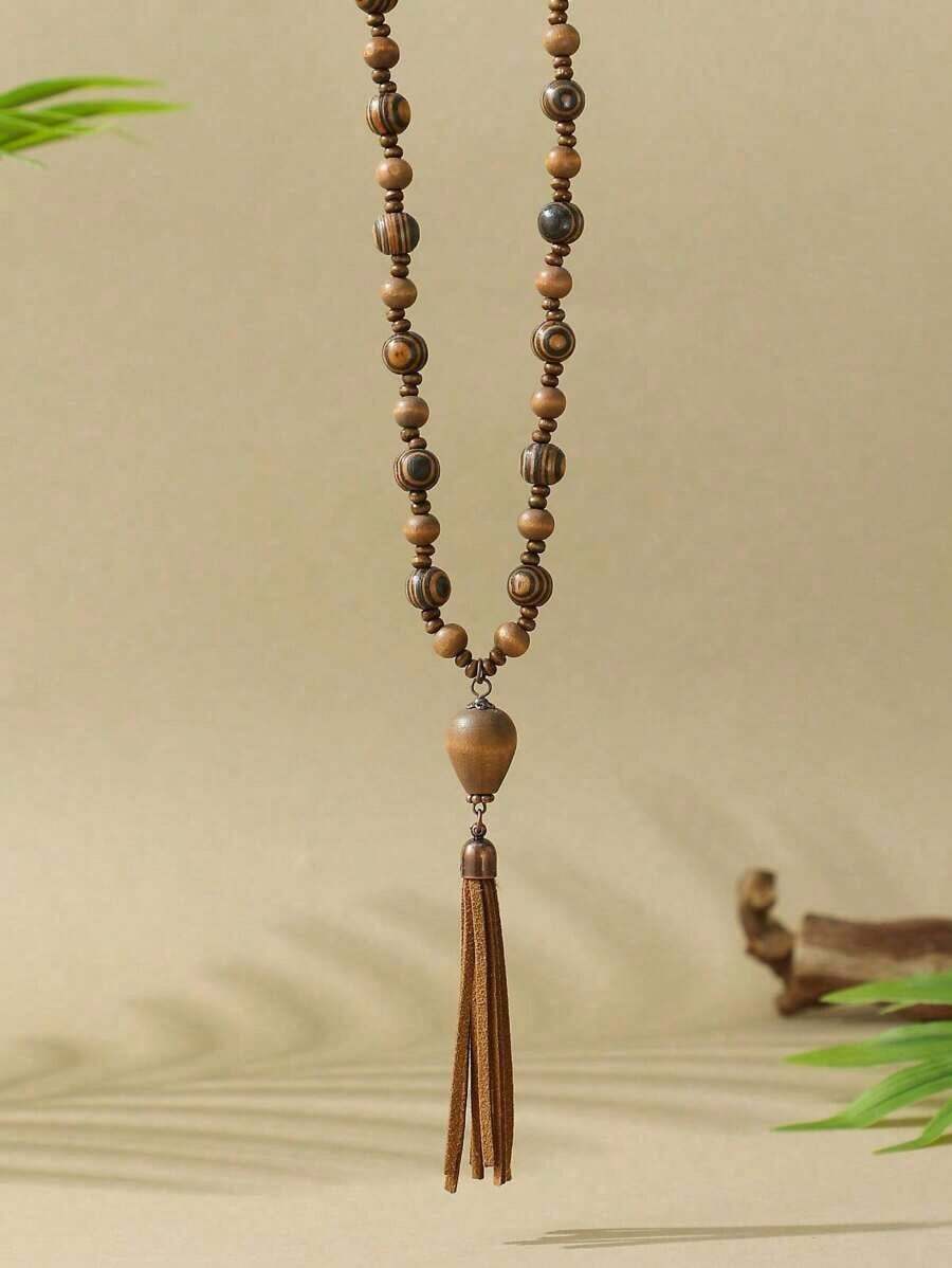 Bohemian Vacation Style Wooden Handmade Bead Pendant Necklace Long Sweater Chain Suitable For Women's Daily For Dress, Travel, Vacation, Street Photography, Simple Fashion Accessories - 彩色 - 查看 1