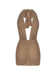 Đầm mini dáng rộng, không tay, hở lưng, lấp lánh, thiết kế mới năm 2026, chất liệu dệt kim, cổ xếp ly, thích hợp cho phụ nữ đi biển mùa hè, lễ hội âm nhạc, tiệc tùng và nghỉ dưỡng. - Lạc đà - Xem 5