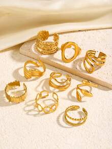 4 pezzi/5 pezzi Set di anelli in acciaio inossidabile placcato oro 18K con linee geometriche minimaliste ed eleganti e motivi a foglia ovale, adatti per uso quotidiano, festival, feste, shopping, appuntamenti, regalo di gioielli chic per le donne - Multicolore - Visualizzare 3