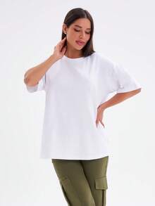 T-shirt femme uni, coupe oversize, épaules tombantes, col rond, manches courtes | 95 % coton, jersey Lycra, coupe décontractée | Haut basique ample idéal pour le streetwear, les moments de détente et le quotidien | Taille 42 | Couleur : Blanc - Blanc - Voir 3