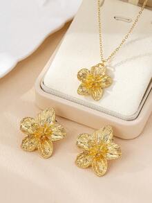 一套简约风格镀金五瓣花项链耳环首饰套装，适合女性日常佩戴、约会、聚会和旅行。 - 金黃色 - 查看 3