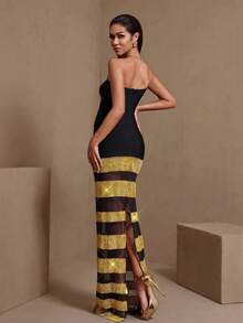 Women's Striped Contrast Color Elegant Strapless Fitted Mermaid Dress Party Wedding - Multicolor - View 4