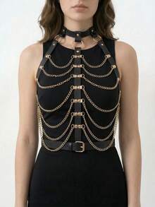 1pc Women's Black PU Leather With Metal Chain Body Decortive Strap Suitable For Halloween Holiday Party Performance Clothing Matching - Black - View 5
