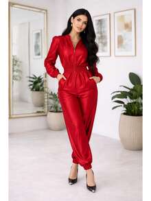 Women's Set: Long-Sleeved Blouse With Shoulder Pads And Jogger Pants In Thick Satin Crepe With Elastane, Fitted Cuffs, Stylish, Modern And Sophisticated - 紅色 - 查看 4