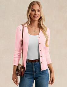 Women's Long Sleeve Button Up Cardigan Sweaters Ribbed Knit Open Front Casual - Pink - View 5