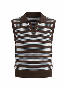 Women's Elegant Striped Collared Sleeveless Knit Pullover Sweater Top, Suitable For Spring/Summer Casual, Daily, Commute, Office Wear Black - Black - View 8