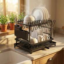 HanTai 2 Tier Dish Drying Rack For Kitchen Counter - Large Dish Drainer With Drainboard & Utensil Holder, Extendable Spout Strainers, Knife Slots, And Cup Organizer (Black) - View 3