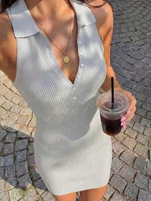 Đầm dệt kim không tay cổ polo ôm dáng màu xám nhạt thời trang mùa hè cho nữ, đầm hè nữ, đầm tốt nghiệp, đầm thanh lịch nữ, đầm thường ngày, trang phục đi nghỉ hè, trang phục đi làm cho nữ. - Màu xanh nhạt - Xem 1
