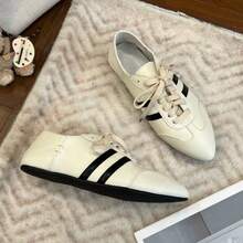Women's Fashion Casual Daily Versatile Side Stripe Decor Lace-Up Pointed Toe Flat Loafers - White - View 1