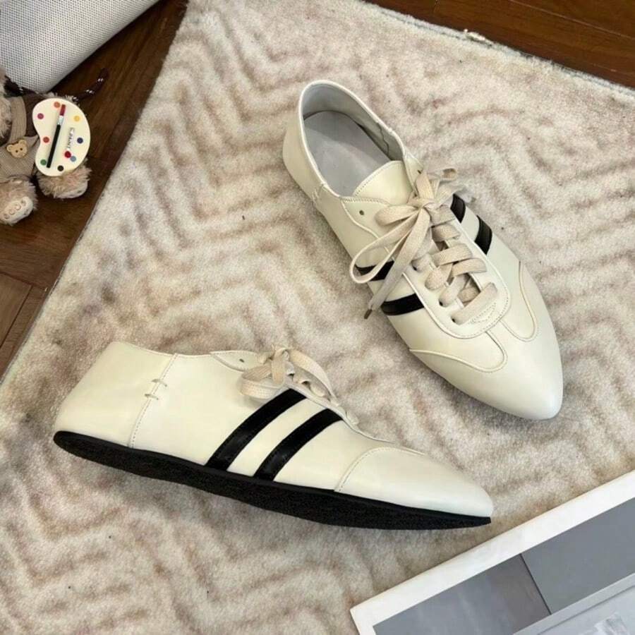 Women's Fashion Casual Daily Versatile Side Stripe Decor Lace-Up Pointed Toe Flat Loafers - White - View 1