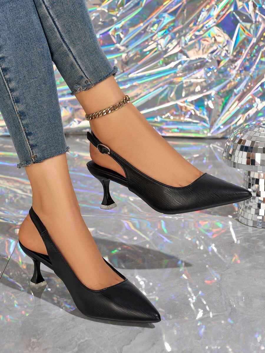 MonaNise Tacones altos de punta, sandalias de tacón bajo con corte en V y punta cerrada para mujeres - Negro - Ver 1