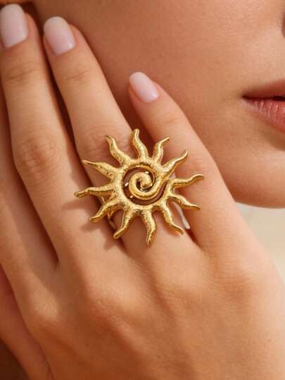 Vintage Personalized Hollow Spiral Sun Unique Ring, Stainless Steel Open Ring Jewelry For Women, Suitable For Daily, Party, Date, Holiday, Music Festival, Summer Beach, Gift For Friends, Family, Couples, Original Jewelry Design