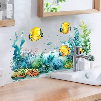 1 miếng dán tường hình cá nhiệt đới và cây thủy sinh, hiệu ứng trong suốt, chống thấm nước và dễ lau chùi, làm mới không gian trang trí nhà cửa và phòng tắm.