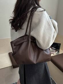 1 pieza Bolso de mano vintage de gran capacidad, bolso de transporte grande para debajo del brazo, bolso de motocicleta de moda, de cuero de unicolor de PU con cera, decoración con correa, cierre con cremallera, bolso de hombro para mujer para trabajo/escuela/viaje/compras/negocios, adecuado para uso diario - Café - Ver 3