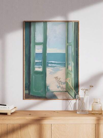 1pc, Canvas Wall Art, Framed Wall Art, Sage Green Beach Scene With Open Window, And Melancholic Coastal-Style Wall Decor, Soothing Seascape Poster, Calm And Minimalist Mediterranean Decor, Coastal Summer Decor