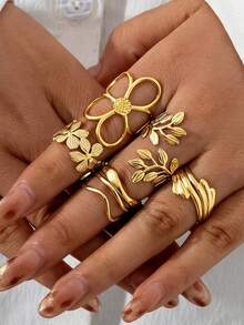5pcs Stainless Steel 18K Gold Plated Summer Elegant Style Geometric Flower Leaf Line Rings Set Suitable For Women Daily Wear, Date, Vacation - Multicolor - View 2