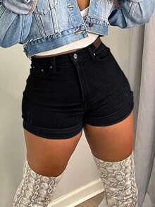 Weiße hochgeschnittene figurbetonte Jeans-Shorts - Sexy aufgekrempelte Hotpants, vielseitiges figurbetontes Essentiell für den täglichen Gebrauch & Urlaubsoutfit - perfekt für einen lässigen schwarzen Sommerlook am Valentinstag - Schwarz - Übersicht 2