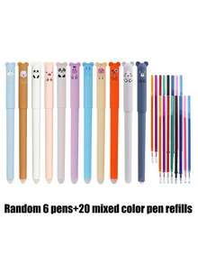 26pcs Bear Shaped Erasable Pens Set, Assorted Styles, 6pcs Pens + 20pcs Refills, 0.5mm Fine Tip, Colorful Ink, Built-In Eraser, Ideal For Note-Taking, Writing, Office & School Supplies, Great Gift - Multicolor - View 8
