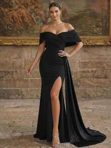 Smilprince Vestido de noche formal largo, vestido de fiesta de estilo sirena con mangas tipo capa, hombros descubiertos, de punto elástico medio y fruncido - Negro - Ver 7