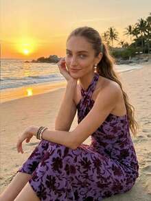 ZIAI Đầm dự tiệc/đi biển kiểu bohemian thanh lịch, in hoa, dây chéo, dành cho nữ. - Màu tím - Xem 5