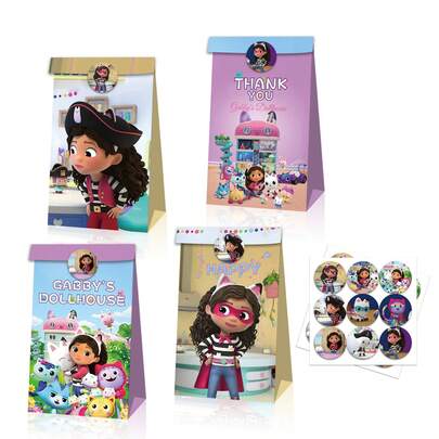 1 bộ/12 chiếc Túi giấy trang trí tiệc sinh nhật chủ đề hoạt hình Gabby's Dollhouse, túi giấy hình da bò, túi quà kẹo, hộp quà nhỏ, quà tặng sinh nhật, quà tặng năm mới