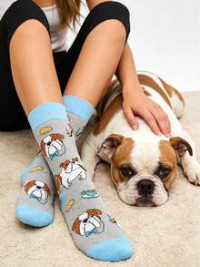 1双男女通用灰色斗牛犬可爱小狗图案休闲中筒袜，适合所有季节，男女皆宜 - 灰色 - 查看 2