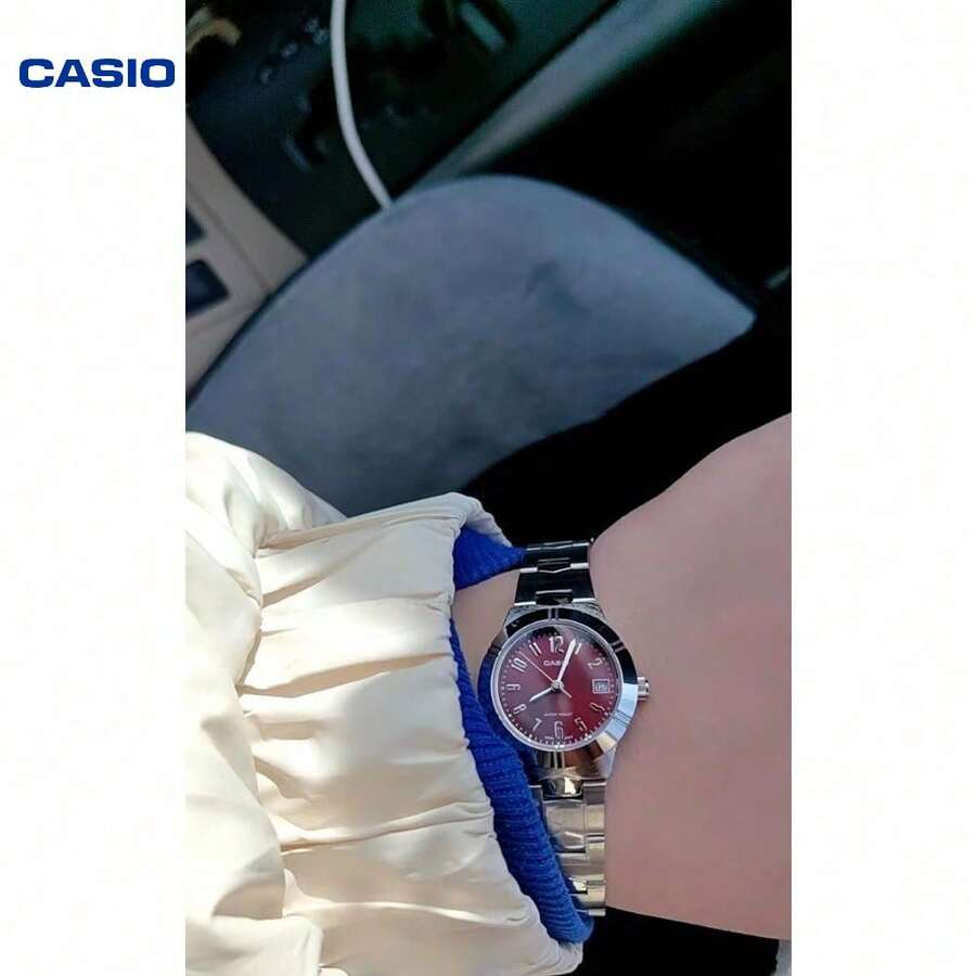Casio 卡西欧 LTP-1241D 女士复古腕表，红色表盘，不锈钢表带，30米防水，日期显示，石英机芯
