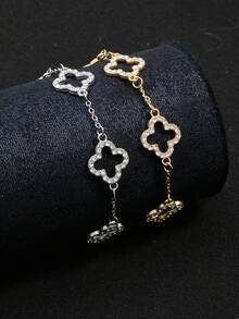 2pcs/Set Fashionable Classic Lucky Clover Inlaid Crystal Bracelet Set - Gold and Silver - View 4
