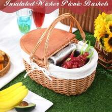 Cesta de mimbre aislada para picnic con tapa cesta de mimbre con asas plegables y bolsa aislante para picnic camping exteriores Pascua día de San Valentín regalo de cumpleaños - Blanco - Ver 5