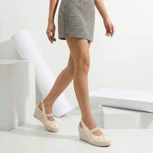 Lotgnimry Women's Wedge Heel Canvas Sandals With Closed-Toe Design, Elastic Ankle Strap & Bow Accent, Summer Casual Dress Shoes For Comfortable Outdoor Wear - 杏色 - 查看 5