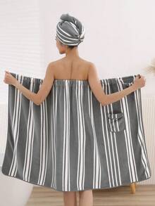 1 Bộ áo choàng tắm nữ kẻ sọc mềm mại và thấm hút tốt + mũ tắm, khăn tắm và áo choàng đa năng tiện dụng. - Xám - Xem 8