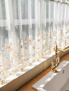 1/2pcs Rod Pocket Embroidered Floral Valance Curtain, Beige, For Bedroom, Kitchen, Living Room, Home Partition - 1PC - View 2