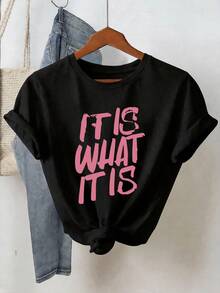 Y2K Style Women's Summer Top, Cute And Fun "It Is What It Is" Cartoon Letter Pattern Printed Women's T-Shirt, Suitable For Various Occasions, As A Gift For Festivals, Birthdays, Music Festivals, Casual And Versatile Comfortable, For Beach Vacations, Simple And Fashionable, Suitable For Daily Wear By Women And Girls - màu đen - Xem 2