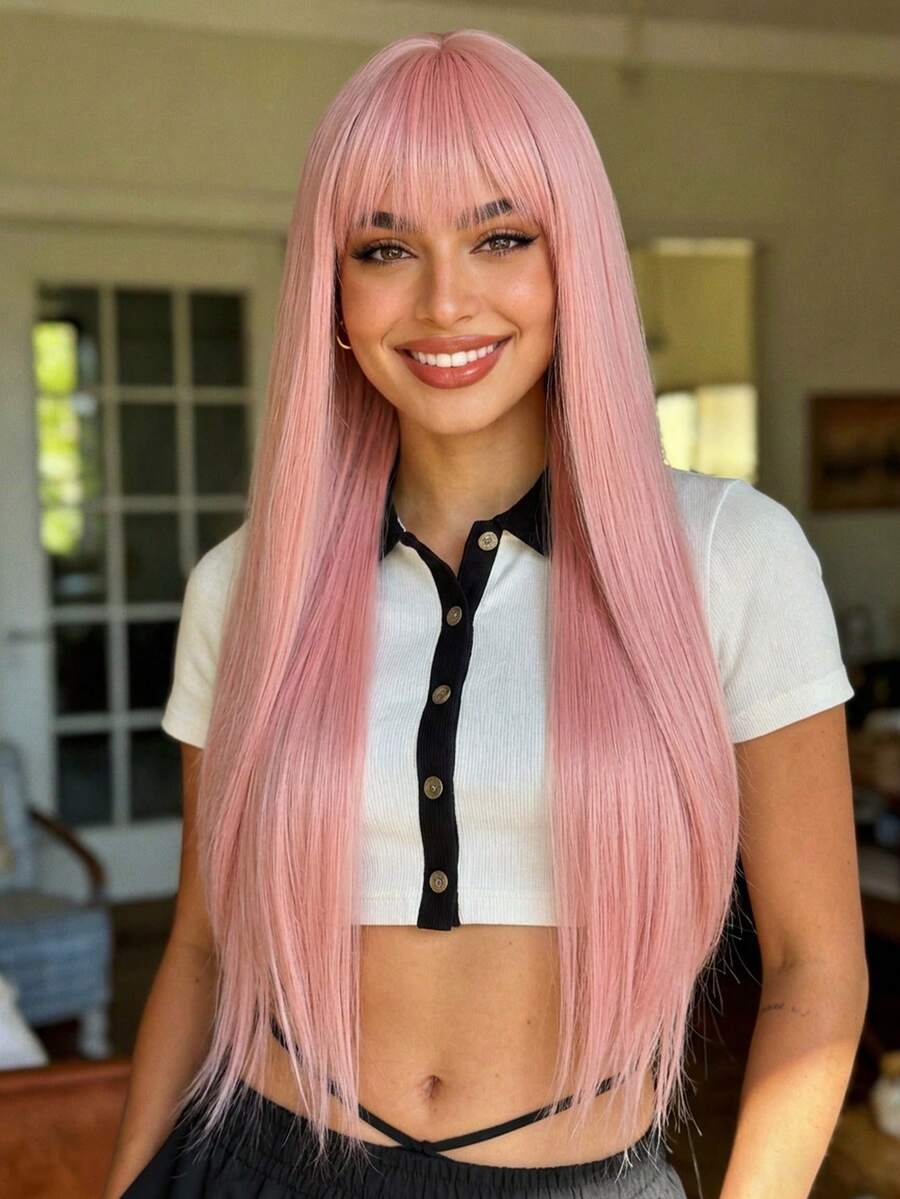Women's Fashion Natural Pink 26 Inch Long Straight Synthetic Fiber Wig With Air Bangs, Suitable For Daily Wear, Holidays,Birthdays,Date,Halloween Costumes And Parties - 粉色 - 查看 1