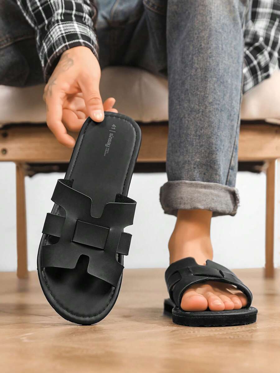 Chinelos H de alta gama para homem do Médio Oriente, chinelos de tira plana do Sudeste Asiático, sandálias casuais antiderrapantes para exterior, sapatos de praia de tamanho grande, cor sólida para praia - Preto - Ver 1