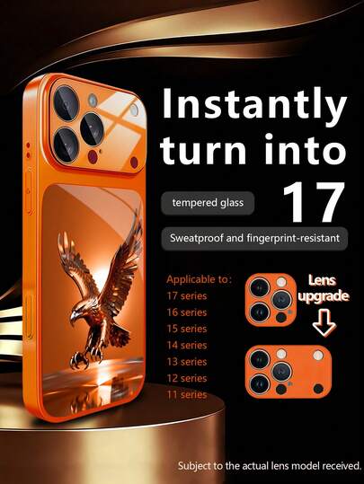 1 stuk nieuwe gepersonaliseerde luxe oranje metallic textuur met adelaarspatroon, luxe telefoonhoesje met groot venster van gehard glas ter bescherming van de lens voor iPhone 17/17Pro/17ProMax/17Air/16/16Pro/16ProMax/16Plus/15/15Plus/15Pro/15ProMax/14/14Plus/14Pro/14ProMax/13/13Pro/13ProMax/12/12Pro/12ProMax/11/11ProMax, mat, valbestendig, metallic lak, volledige dekking, hoogwaardige beschermhoes
